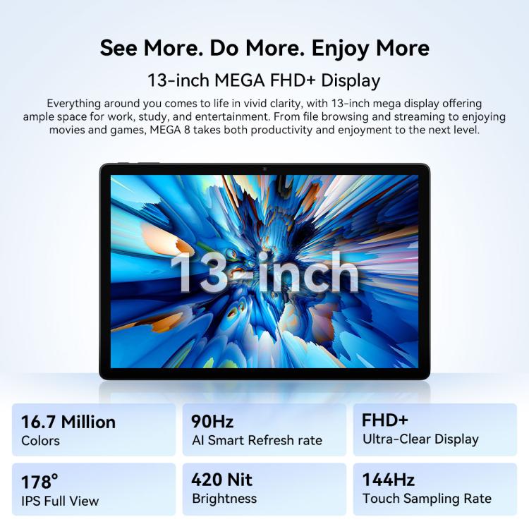 Blackview MEGA 8 Tablet PC, 12GB+512GB, 13 inch Android 15 Unisoc Tiger T620 Octa Core, Network: 4G, Global Version with Google Play, 12GB+512GB